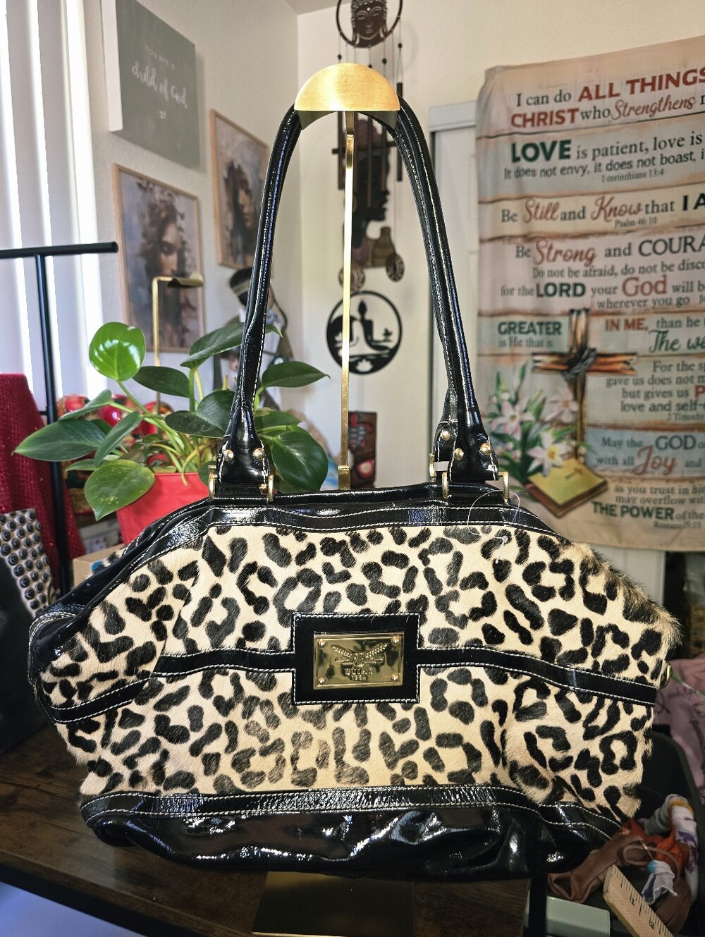Guia's 1964 Medium Leopard Print & Black Patent Leather Duffle Shoulder Bag